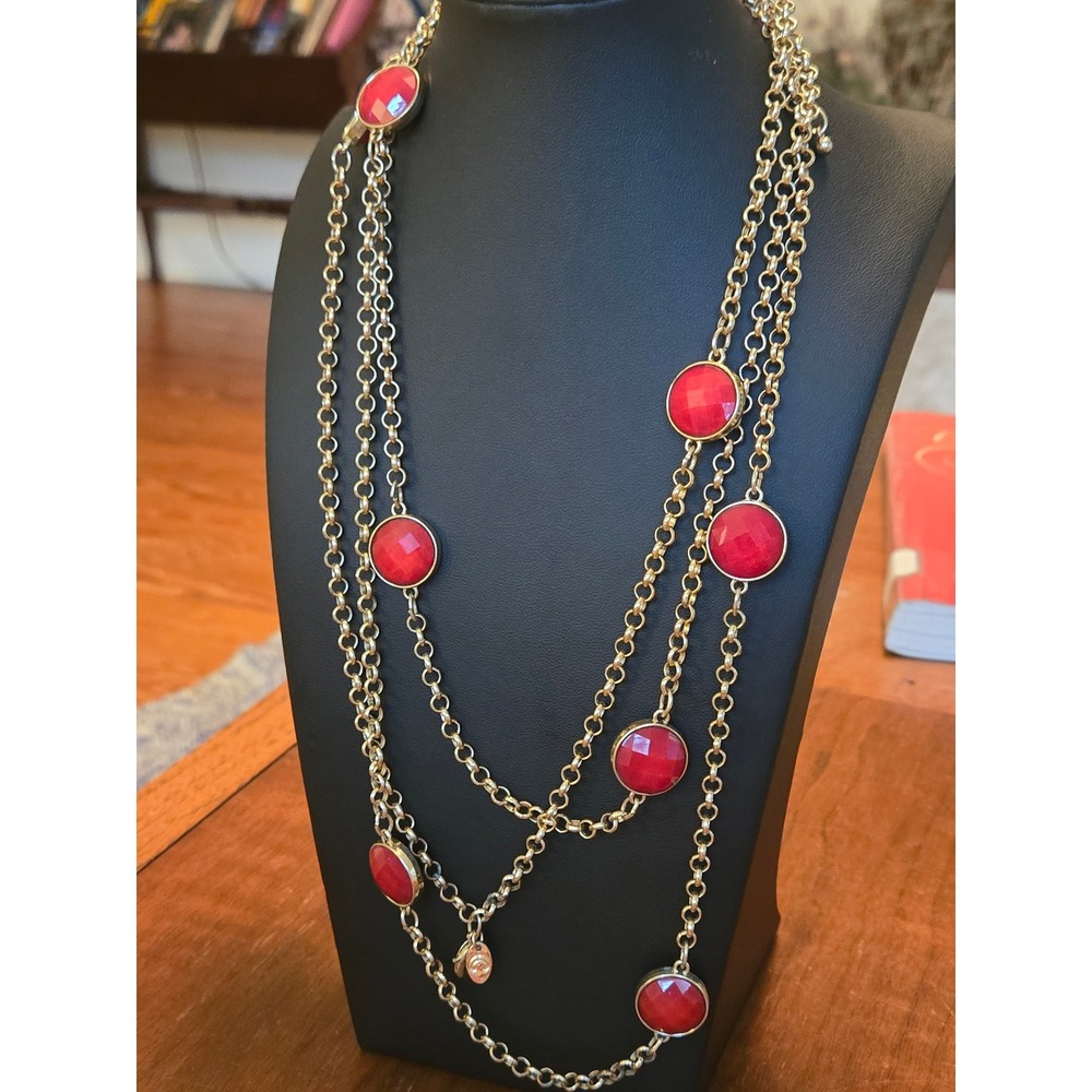 Charming Charlie Red Bezel Crystals Necklace Goldtone Vintage 90s